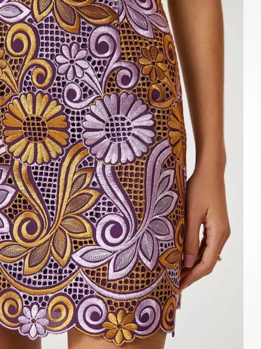 Anthropologie Purple and Mustard Embroidered Lace Halter Dress - Picture 5 of 9